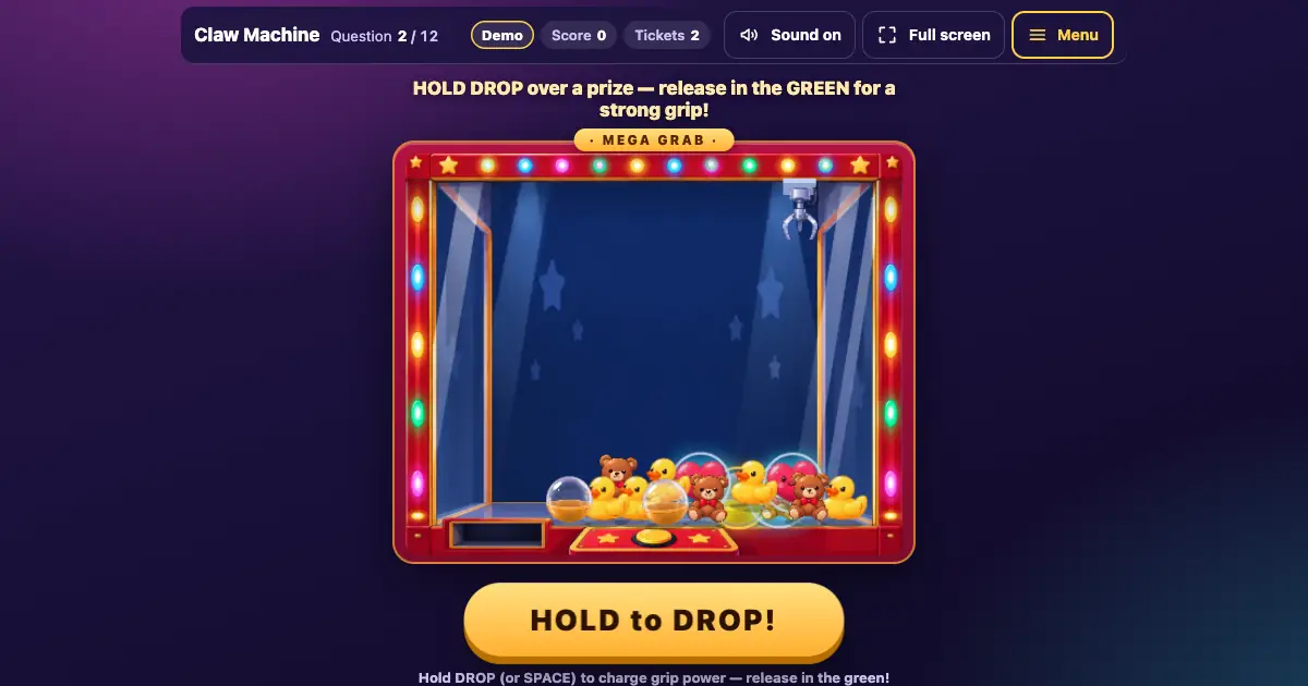 Claw Machine, an Arcade game, with the question counter and ticket count at the top