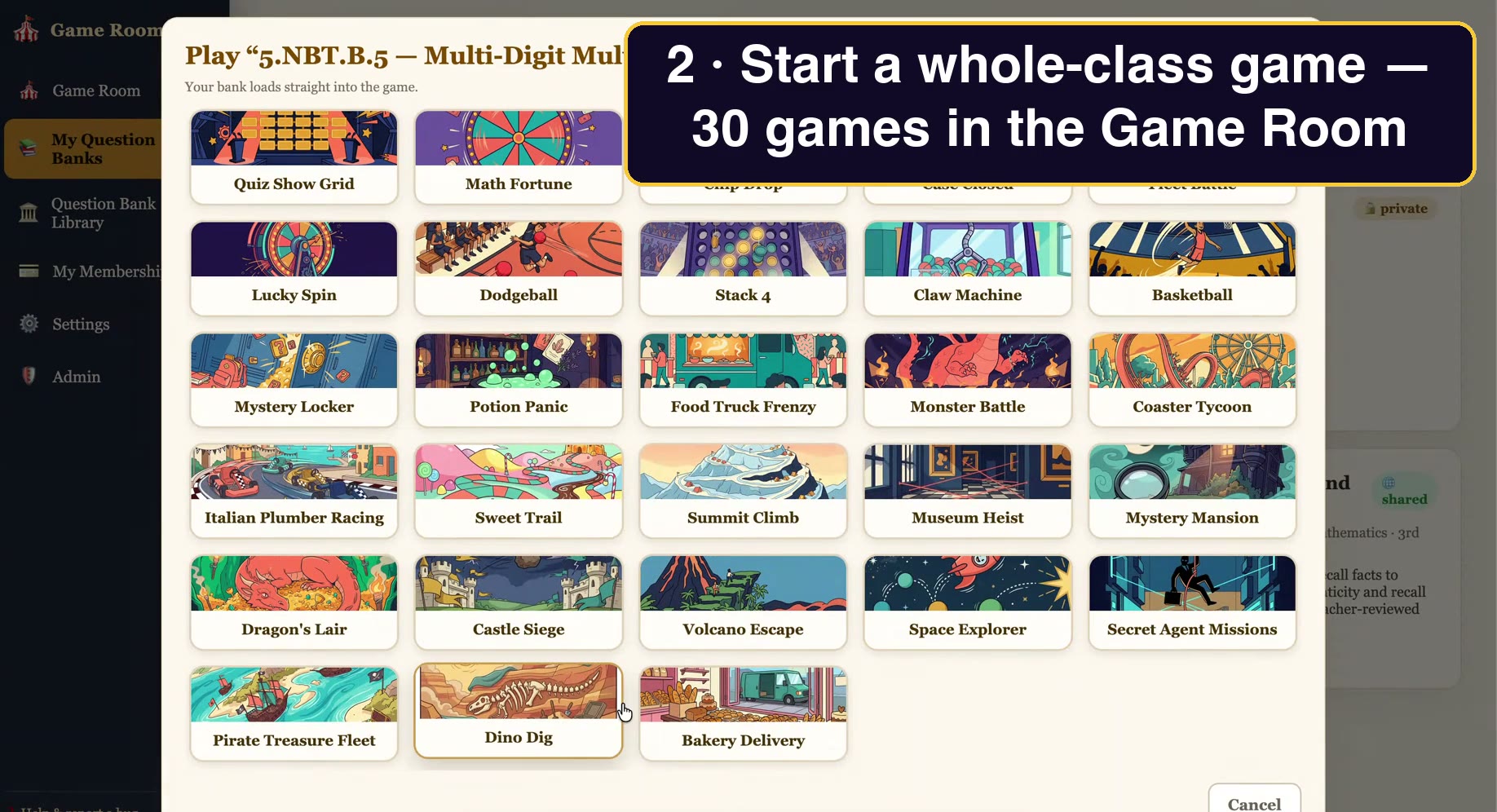 A teacher starting a whole-class game from a standards-aligned question bank