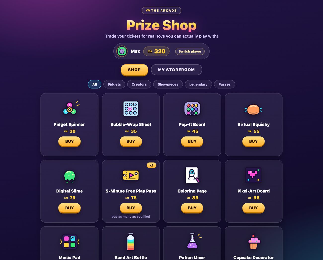The Prize Shop: playable prizes students buy with earned tickets